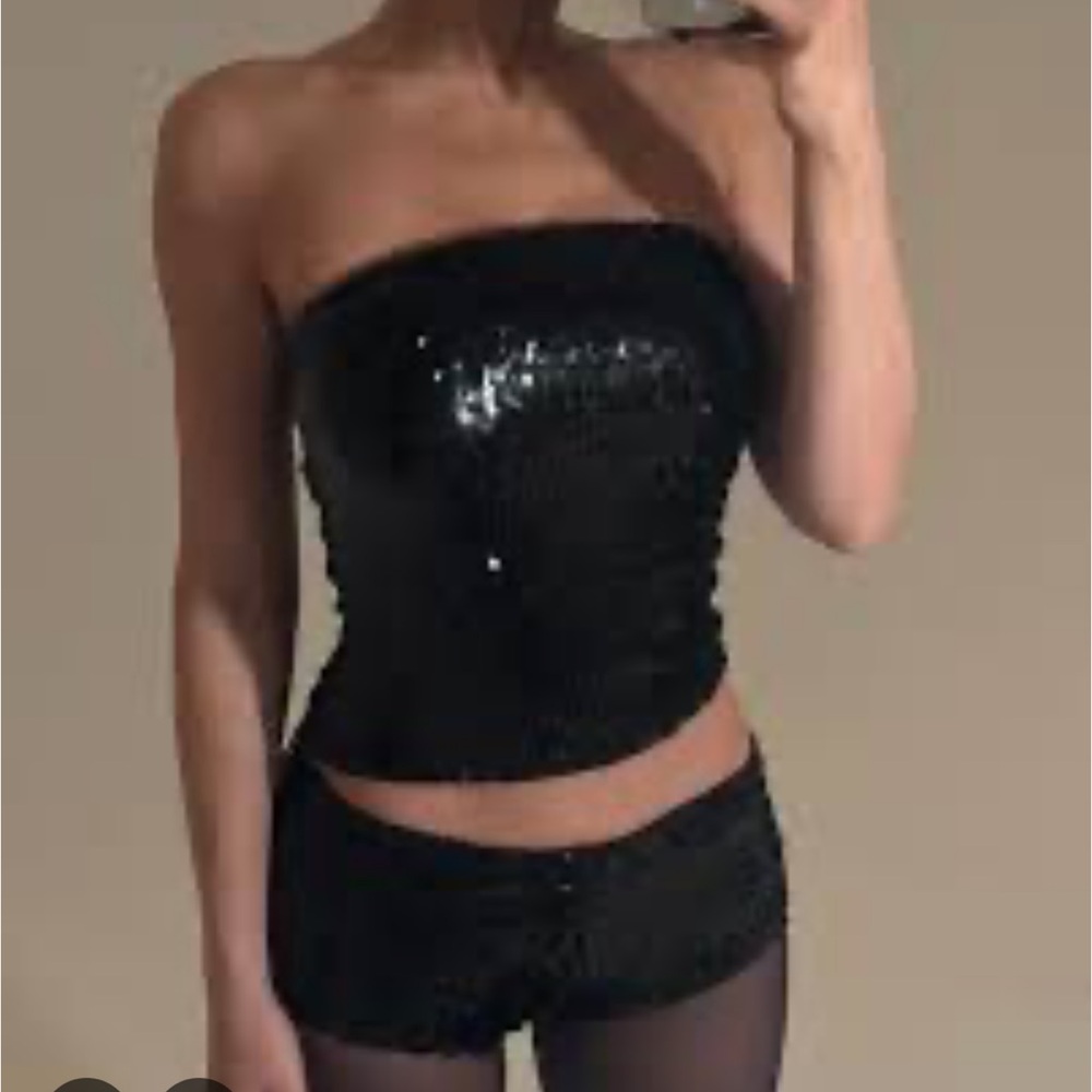 khy Black Sequined Strapless Top